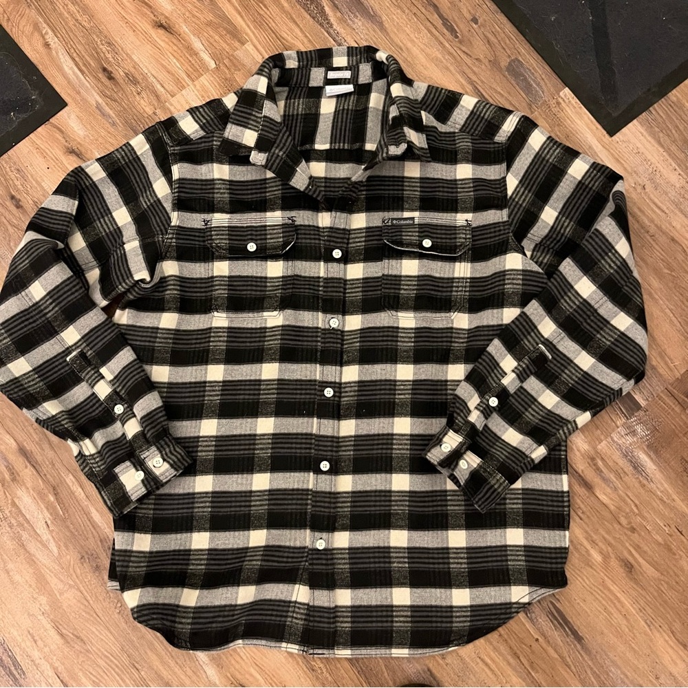 Mens Columbia outdoor button up plaid flannel heavy shirt jacket sz XL black